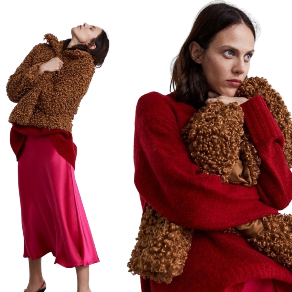 ZARA | Faux Fur Curly Sherpa Brown Lapel Jacket | Women's Small - Picture 5 of 15